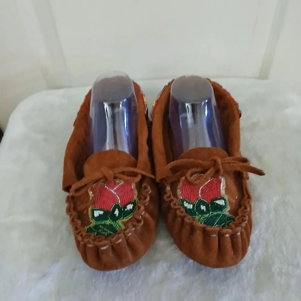 Handmade Beaded Floral Suede Moccasins Soft Sole Earthing Slippers Southwestern